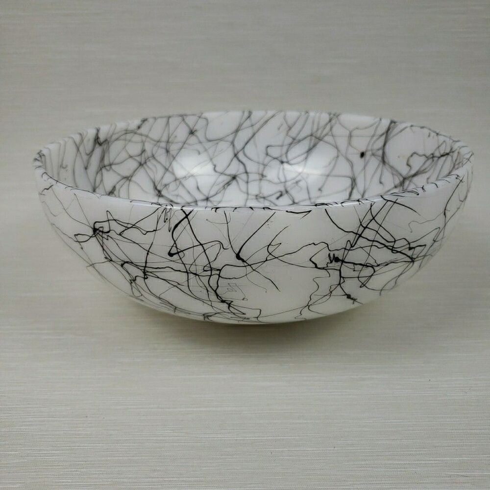 Black Spaghetti String Drizzle Serving Bowl White Glass Atomic MCM Vintage - Picture 5 of 16